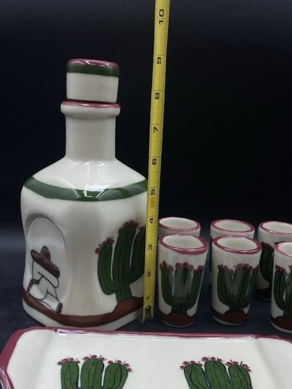 LM Mexico Tequila Sombrero Cactus Set Shot Glasses Salt Shaker Tray Vitrified ￼